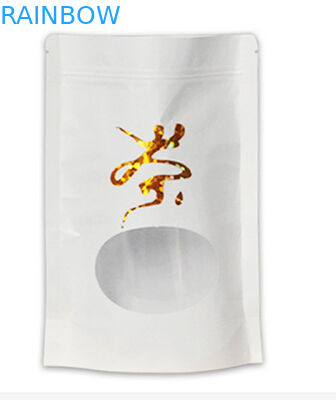 Άσπρη στάση εγγράφου του Κραφτ επίπεδων κατώτατων σημείων επάνω στην τσάντα με ziplock φερμουάρ mylar και το παράθυρο