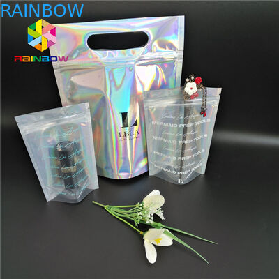 Πλαστικό ολογραμμάτων Mylar χρώμα τσαντών CMYK συσκευασίας φερμουάρ καλλυντικό με το σαφές παράθυρο