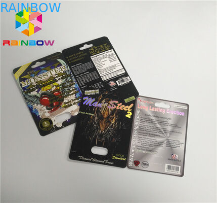 Τα αρσενικά χάπια αυξήσεων καρτών ενθέτων φουσκαλών φωτογραφικών διαφανειών που συσκευάζουν την τρισδιάστατη επιφάνεια τελειώνουν