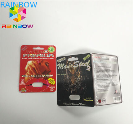 Τα αρσενικά χάπια αυξήσεων καρτών ενθέτων φουσκαλών φωτογραφικών διαφανειών που συσκευάζουν την τρισδιάστατη επιφάνεια τελειώνουν