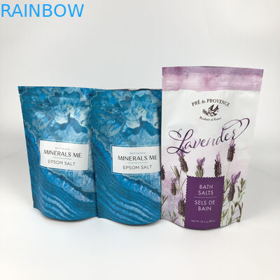 Οι τυπωμένες επαναχρησιμοποιήσιμες συσκευασμένες σακούλες για το λουτρό ενυδατώνουν τη στάση επάνω στη μεταλλίνη μπλε Mylar φερμουάρ αργιλίου