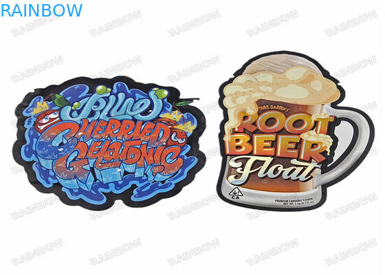 Προσαρμοσμένες τυπωμένες πλαστικές τσάντες κομμένες με φερμουάρ Mylar Stand Up Holographic 3,5 g ειδικού σχήματος πλαστικό