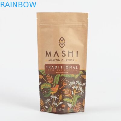 Προσαρμοσμένα βιοδιασπώμενα χαρτιά Kraft Stand Up Zip Lock Packaging Bags για το τσάι και την σκόνη καφέ