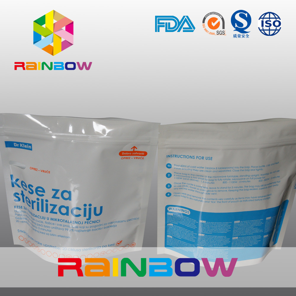 Τοποθετημένο σε στρώματα υλικό standd επάνω στην τσάντα σακουλών αποστειρωτή μικροκυμάτων με ziplock για το μπουκάλι μωρών/το σακούλι μικροκυμάτων φερμουάρ