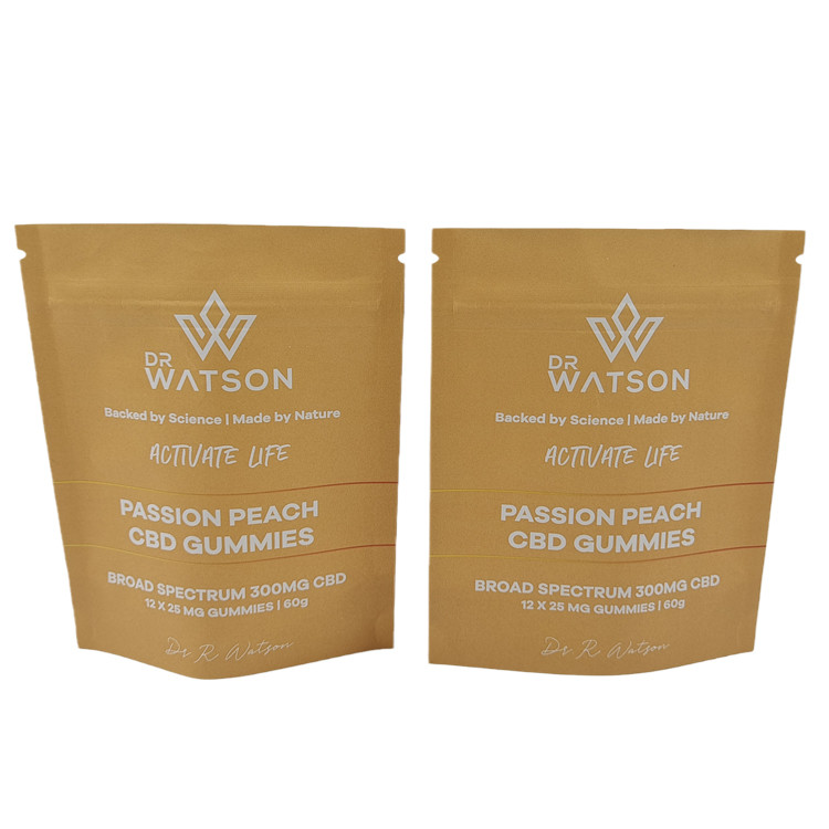 Ζεστή πώληση Προσαρμοσμένο σχεδιασμό Τυπωμένο βιοδιασπώμενο Stand Up Kraft Paper Bag Eco Friendly Gummie Candy Packaging