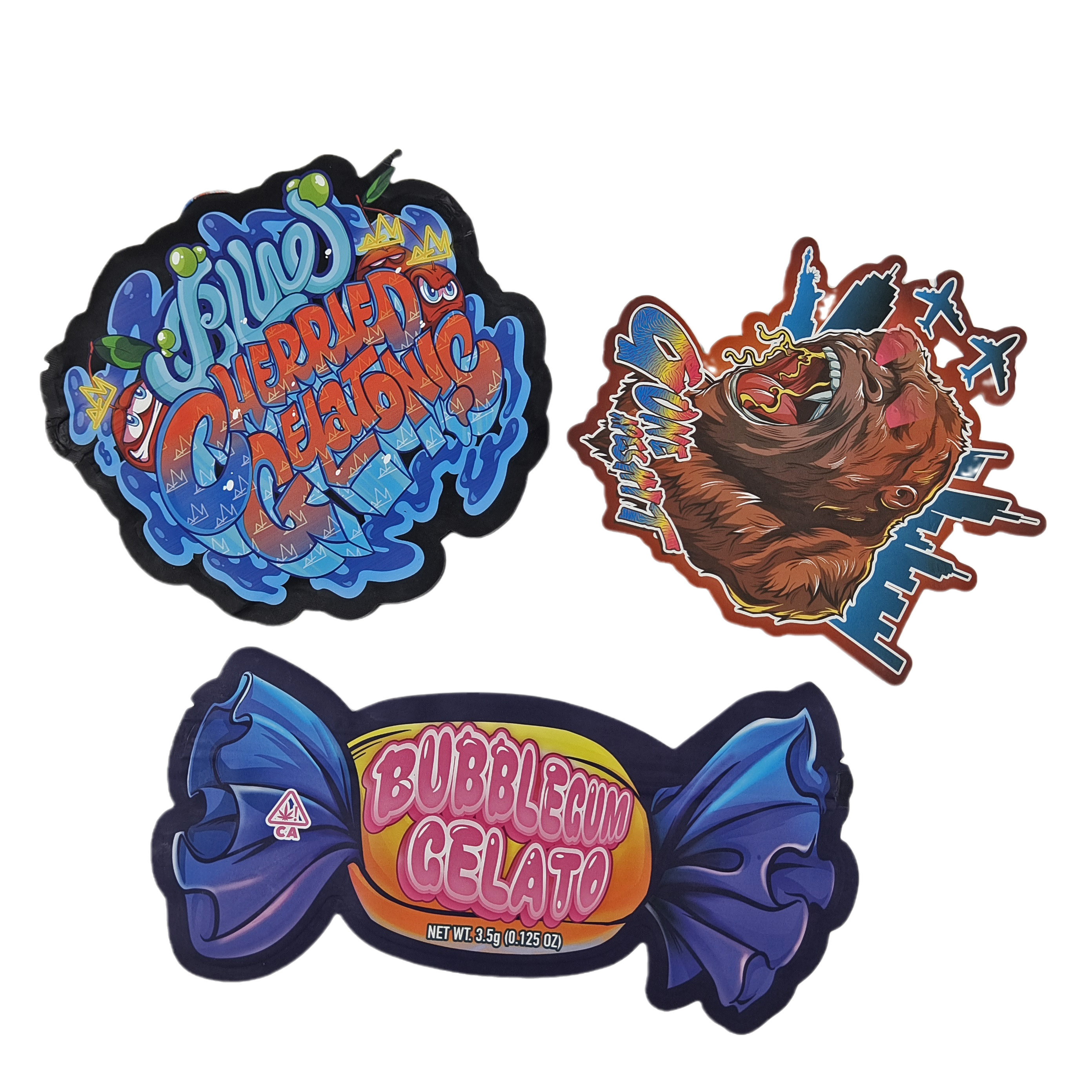 Προσαρμοσμένη ψηφιακή εκτύπωση με διακόπτη Ακανόνιστη 3.5g τσάντα Ειδικό σχήμα Τροφίμων πλαστικό Ziplock συσκευασία Τσάντες Mylar