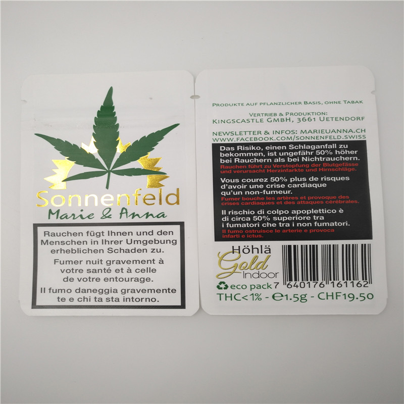 Άσπρες προσαρμοσμένες CBD τσάντες εγγράφου φύλλων Hotstamped, συσκευασία εγγράφου της Kraft για τα φύλλα καπνών CBD
