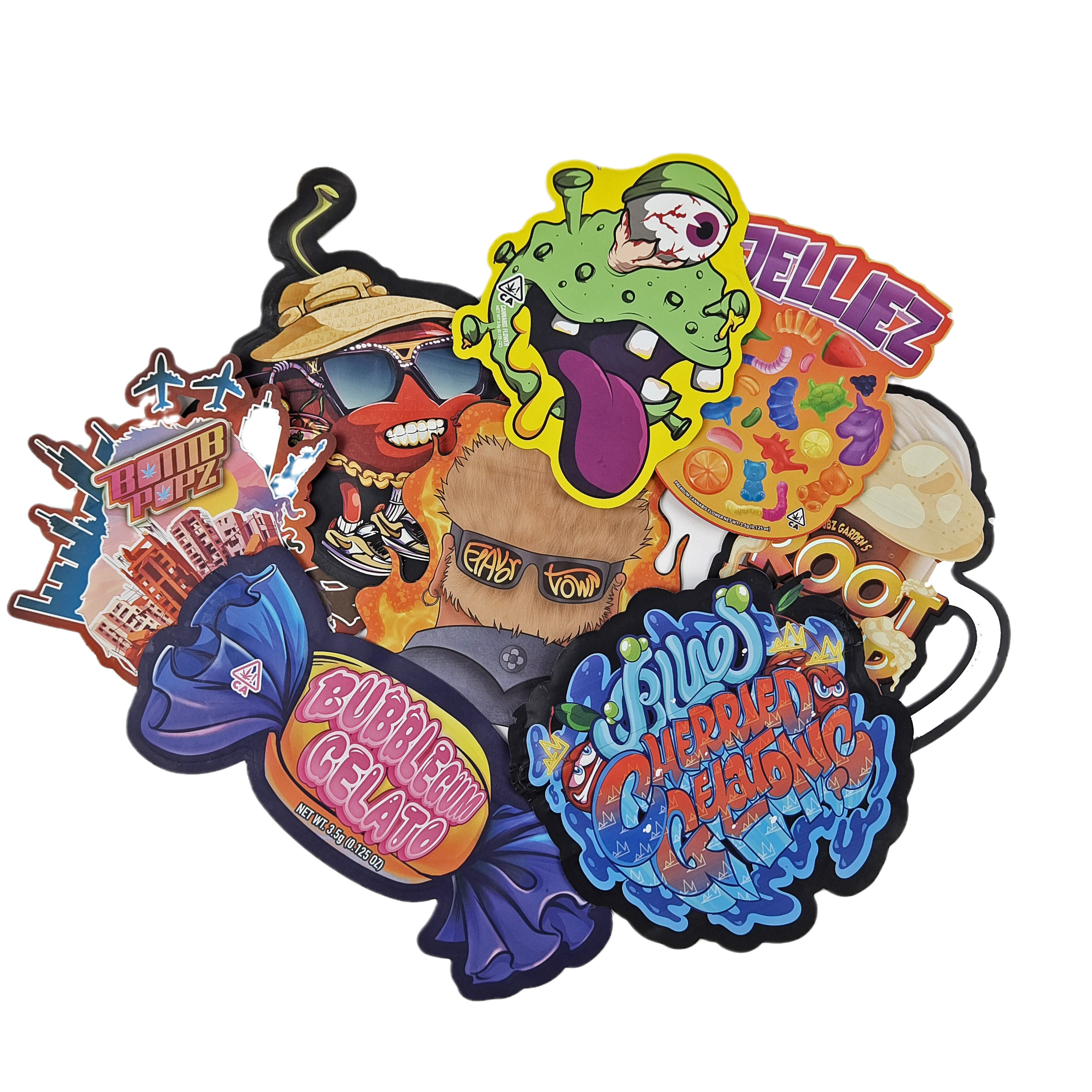 Προσαρμοσμένη σχεδίαση 3,5g 7g 14g 28g Die Cut τσάντες με φερμουάρ Ειδικού σχήματος Προσαρμοσμένο σχήμα Mylar για σνακ συσκευασία