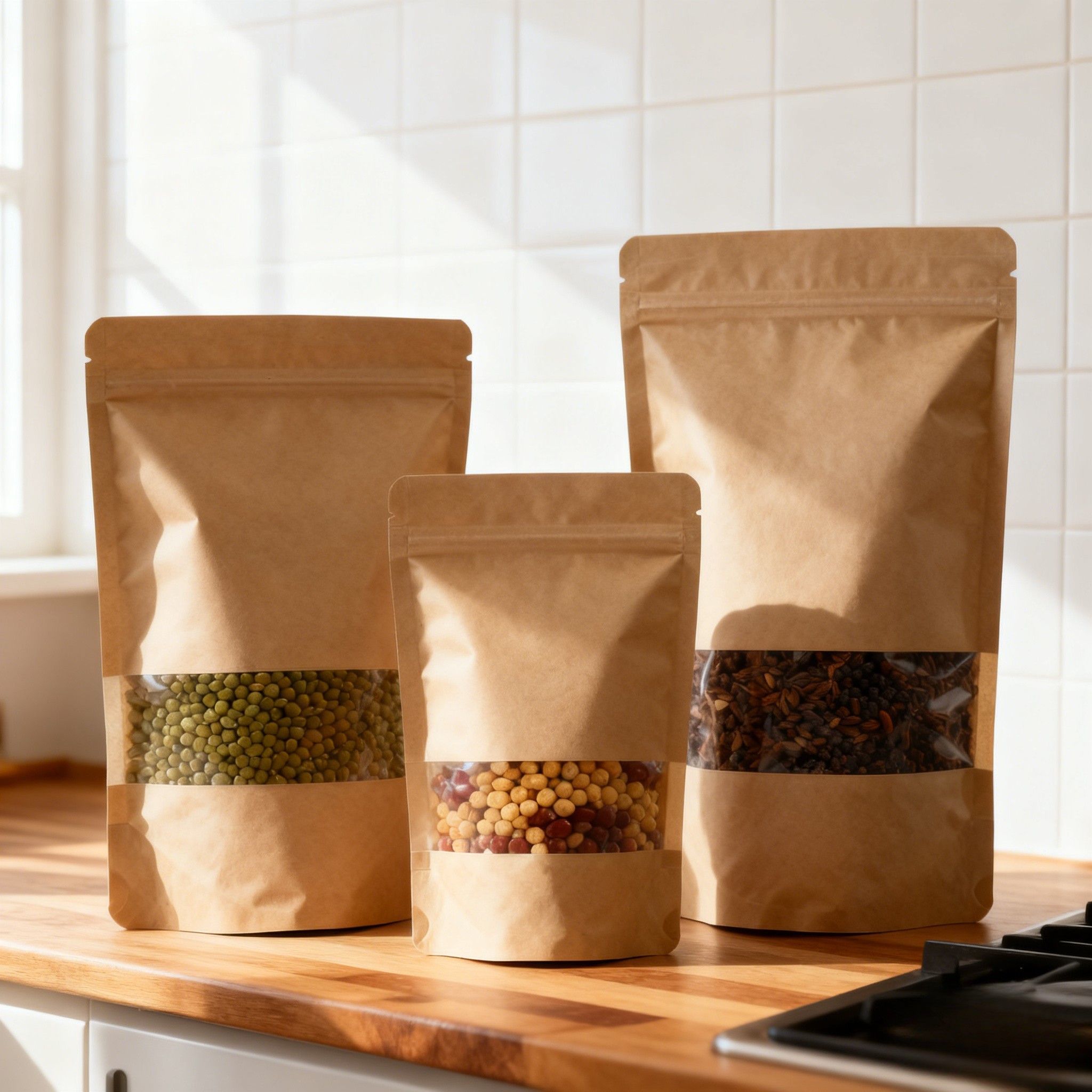 Προσαρμοσμένη βιοαποικοδομητική ανθεκτική στην υγρασία Stand Up Pouch Kraft Paper Bag για συσκευασία τροφίμων