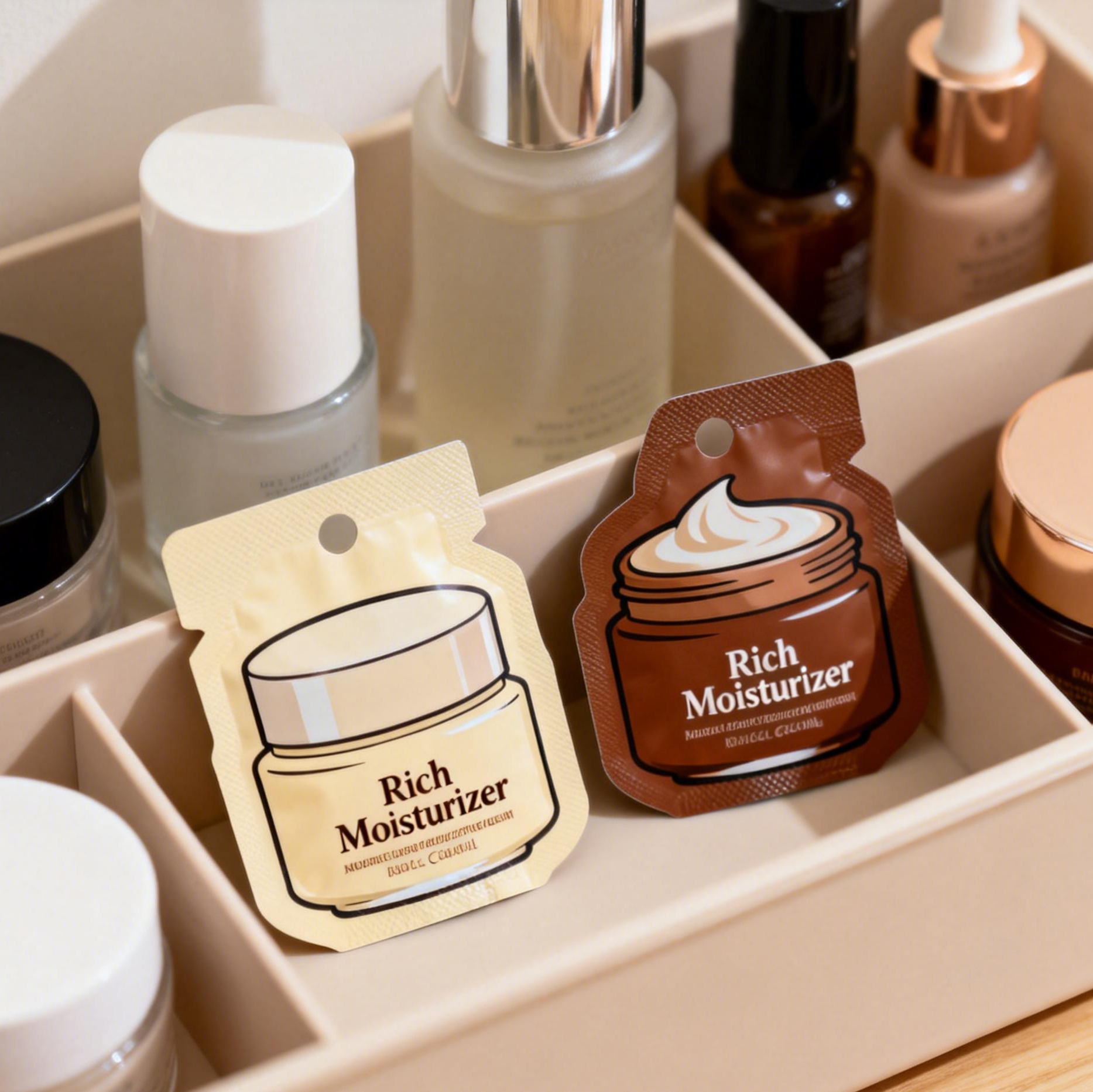 Προσαρμοσμένη Συσκευασία Κρέμας Λοσιόν Περιποίησης Δέρματος Πλαστικές Μικρές Σακούλες Δειγμάτων Καλλυντικών Σακουλάκια Αλουμινίου Θερμοσυγκόλλησης Μικρά Μίνι Θήκες