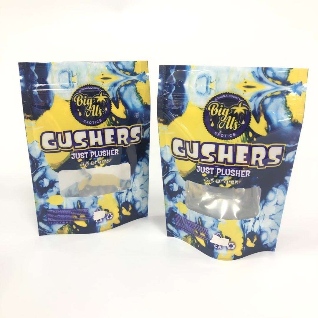 Το φύλλο αλουμινίου Gushers Mylar τοποθετεί τα βοτανικά χάπια συσκευασίας θυμιάματος σε σάκκο συσκευάζοντας στέκεται επάνω το λογότυπο συνήθειας σακουλών