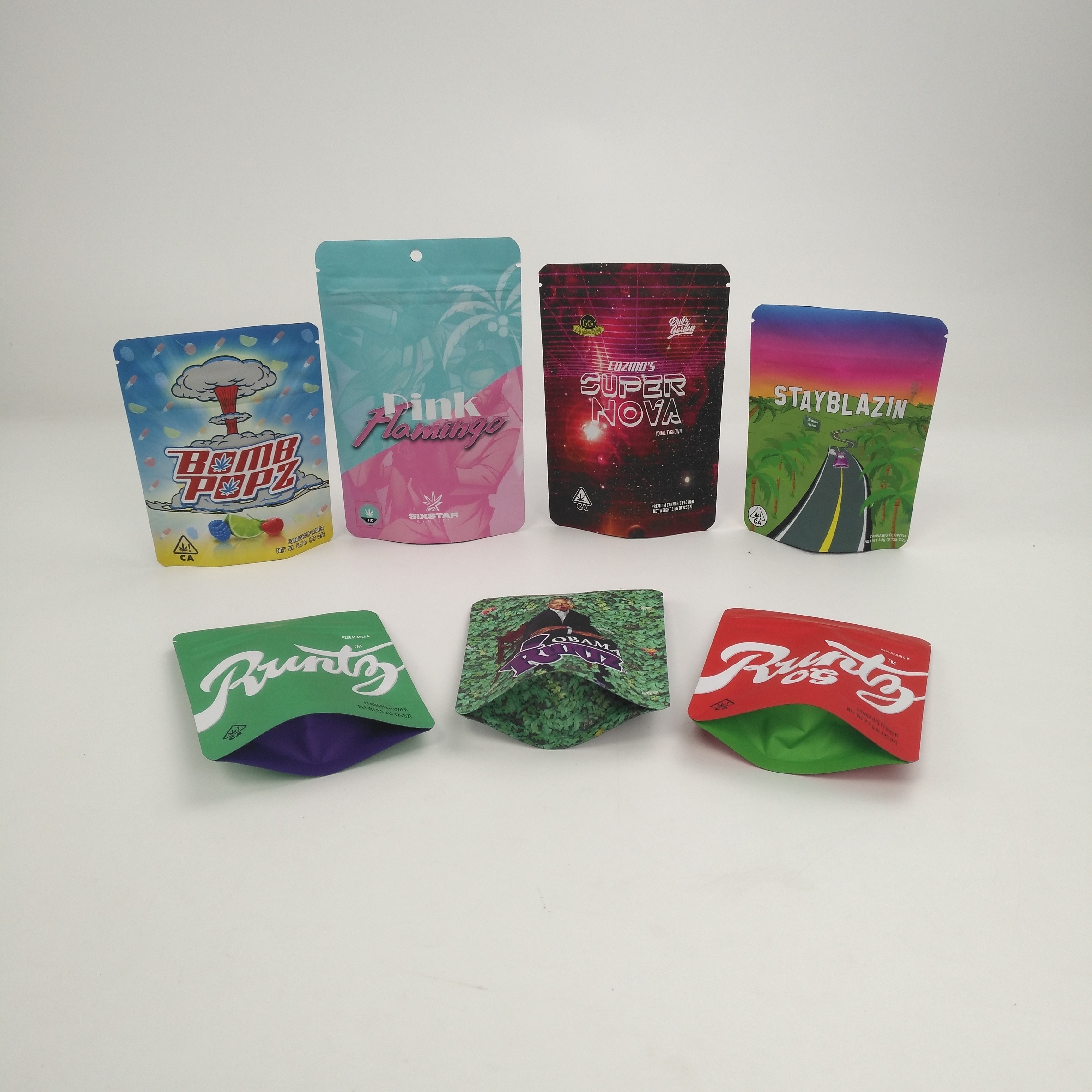 Προσαρμοσμένη στάση μπισκότων λογότυπων 3.5g 7g 14g 28g 1pound επάνω στις τσάντες για τις καννάβεις Runtz χορταριών CBD ελαφριάς ομίχλης Kush